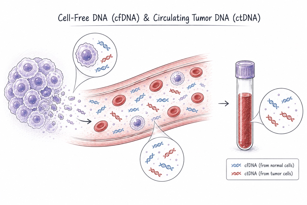 A tumor at the left sheds broken pieces of DNA into a blood vessel, where they mix with red blood cells and with DNA from healthy cells. At the right, a tube of drawn blood contains both kinds together.