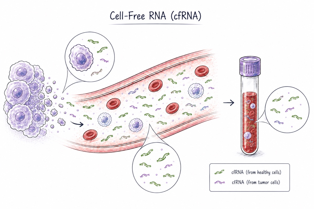 A cluster of tumor cells at the left releases material into a blood vessel. Inside the vessel, short curled strands drift among red and white blood cells, green ones shed by healthy cells and purple ones shed by the tumor. Magnified circles show the mixture close up. At the right, a tube of drawn blood contains both kinds together.