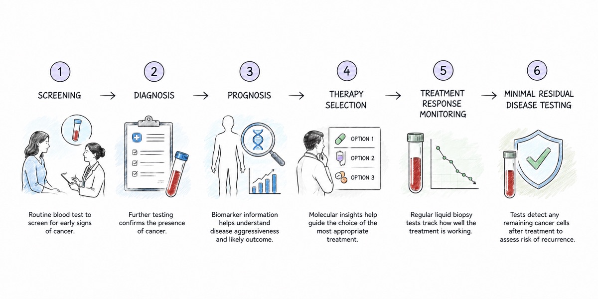 A row of six numbered steps in cancer care: screening, diagnosis, prognosis, therapy selection, treatment response monitoring, and minimal residual disease testing, each drawn with a small illustration, from a clinician talking with a healthy person to a tube of blood beside a shield with a check mark.
