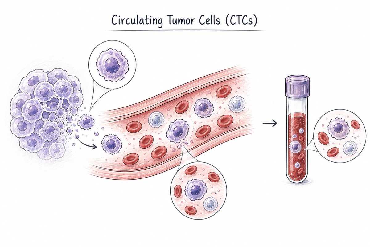 A clump of tumor cells at the left. A few whole cells break loose from it and enter a blood vessel, where they travel among far more numerous red and white blood cells. Magnified circles pick out a single tumor cell among its neighbors. At the right, a tube of drawn blood holds a few of them mixed into everything else.