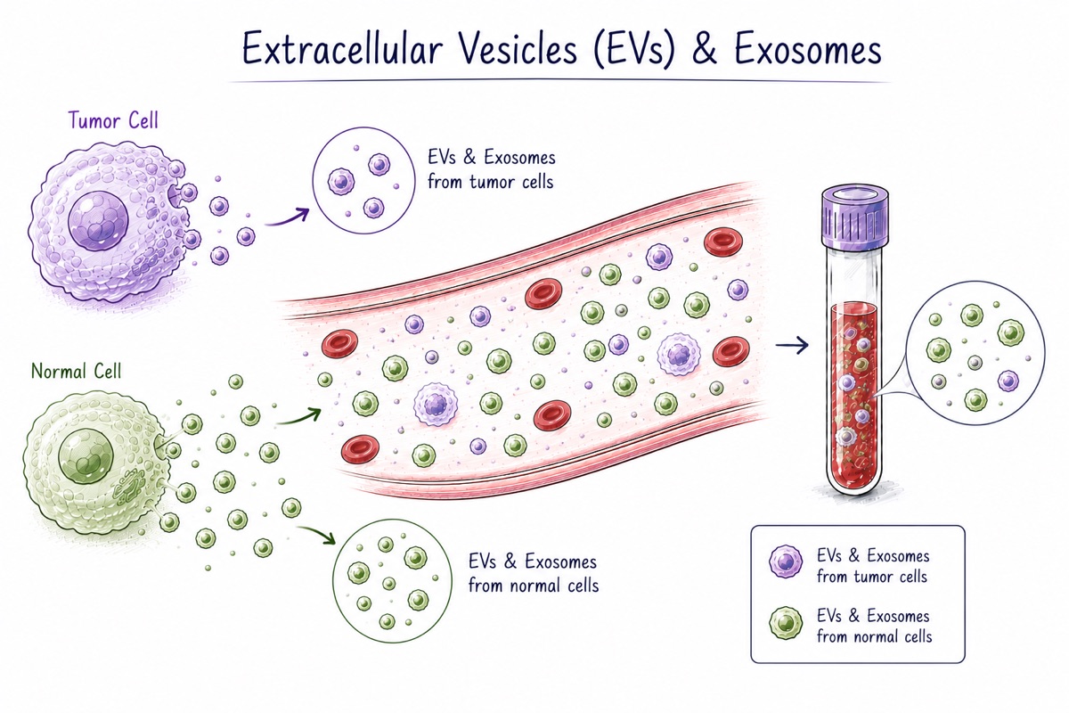 Three cells at the left, a tumor cell, a normal cell and an immune cell, each releasing small round packets in its own color into a blood vessel. The packets drift among red blood cells. Labeled circles explain that extracellular vesicles are released by many cell types and vary in size, and that exosomes are one type of them, formed inside the cell and released when an internal compartment fuses with the outer membrane. At the right, a tube of drawn blood holds packets from all three sources mixed together.