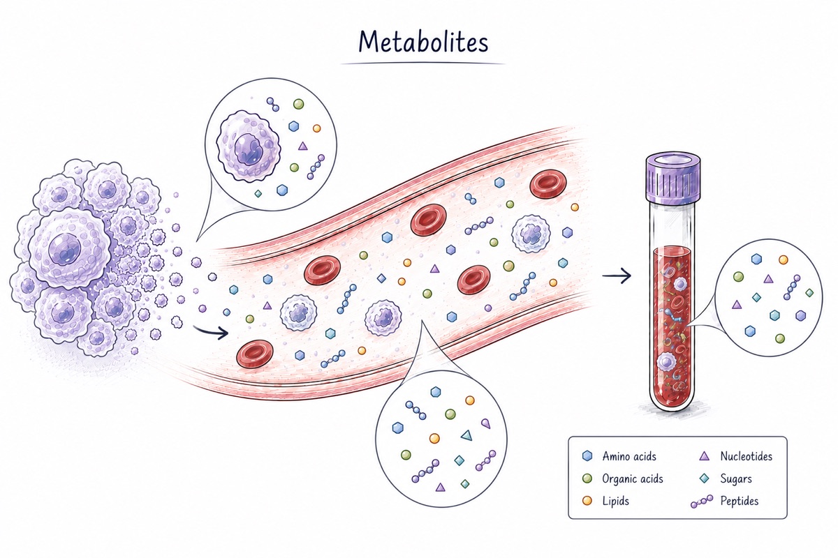 A clump of tumor cells at the left releases material into a blood vessel. The vessel is crowded with small colored shapes of several kinds drifting among red and white blood cells, and a key at the lower right names them as amino acids, organic acids, lipids, nucleotides, sugars and short peptides. Magnified circles show the mixture close up, and at the right a tube of drawn blood holds all of it together.