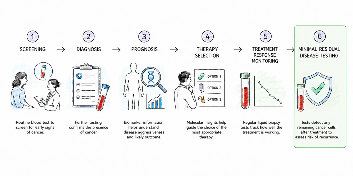 A row of six numbered steps in cancer care: screening, diagnosis, prognosis, therapy selection, treatment response monitoring, and minimal residual disease testing. The sixth step, minimal residual disease testing, is highlighted in green and shows a tube of blood beside a shield with a check mark.