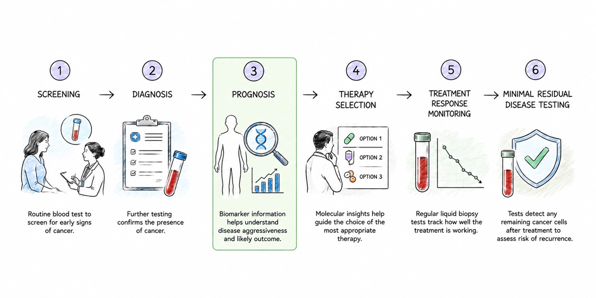 A row of six numbered steps in cancer care: screening, diagnosis, prognosis, therapy selection, treatment response monitoring, and minimal residual disease testing. The third step, prognosis, is highlighted in green and shows a body outline, a magnified strand of DNA, and a rising chart.