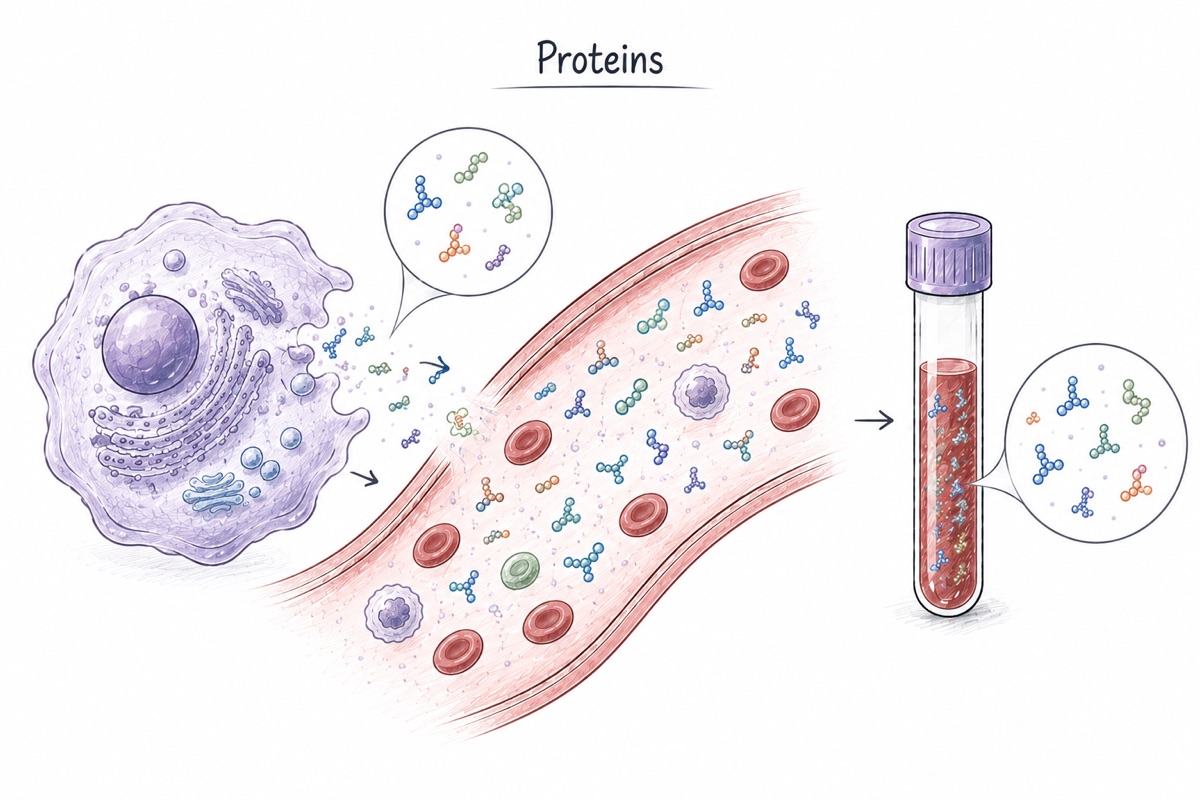A single cell at the left, drawn with its inner machinery visible, releases small clusters of colored beads into a blood vessel. The clusters come in several shapes and colors and drift among red and white blood cells. At the right, a tube of drawn blood contains a mixture of all of them.