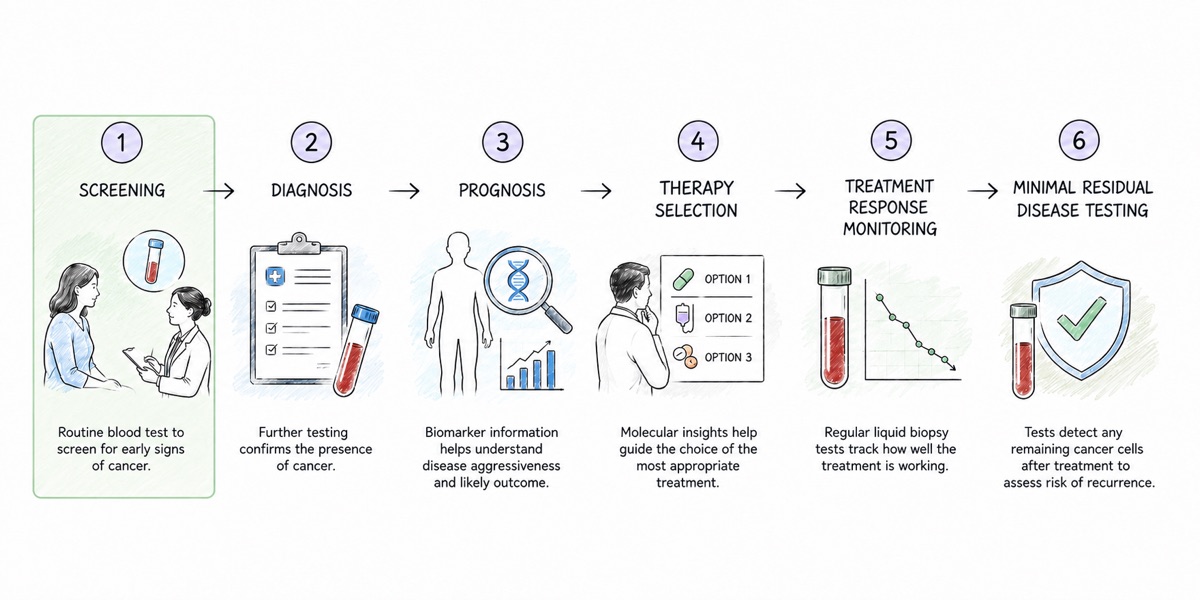 A row of six numbered steps in cancer care: screening, diagnosis, prognosis, therapy selection, treatment response monitoring, and minimal residual disease testing. The first step, screening, is highlighted in green and shows a clinician talking with a healthy person about a blood test.