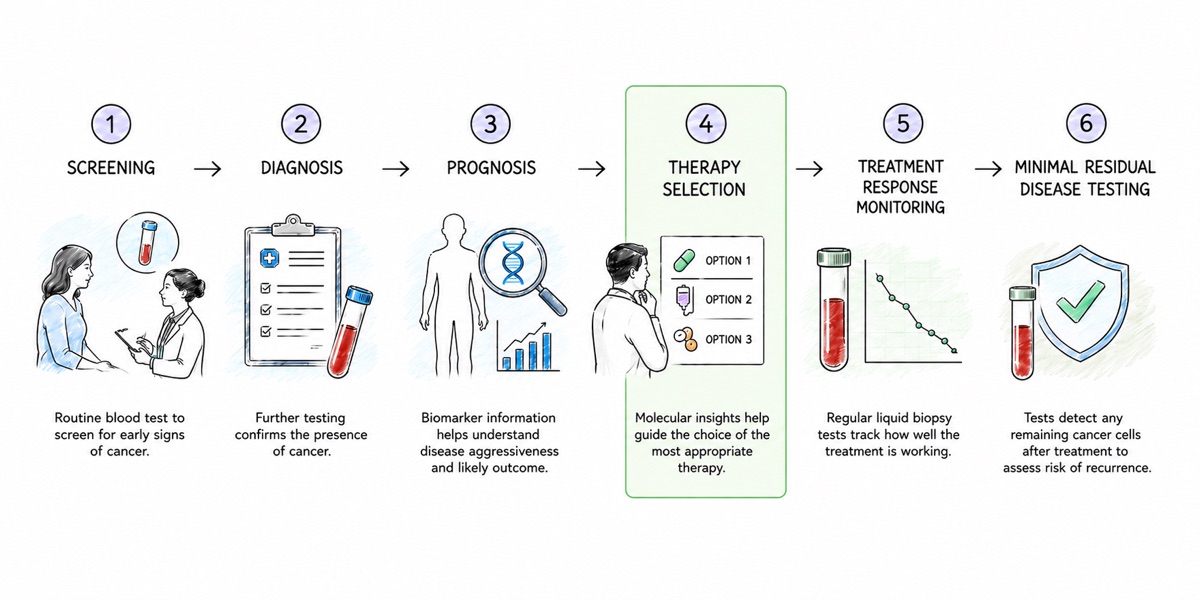A row of six numbered steps in cancer care: screening, diagnosis, prognosis, therapy selection, treatment response monitoring, and minimal residual disease testing. The fourth step, therapy selection, is highlighted in green and shows a doctor weighing three treatment options.
