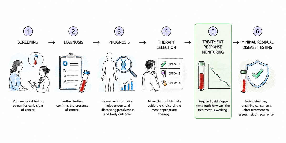 A row of six numbered steps in cancer care: screening, diagnosis, prognosis, therapy selection, treatment response monitoring, and minimal residual disease testing. The fifth step, treatment response monitoring, is highlighted in green and shows a tube of blood beside a falling chart.